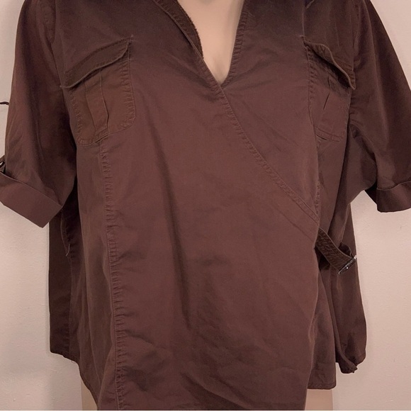 26W 28WCATO BROWN WRAP BLOUSE TOP COLLAR SHORT SLEEVE STRETCH COTTON BLEND - Picture 9 of 12